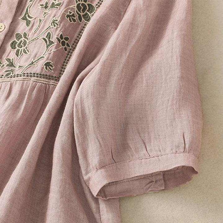 Buddha Stones刺繍入りシングルブレストレディースコットンリネン七分袖シャツ - image 15