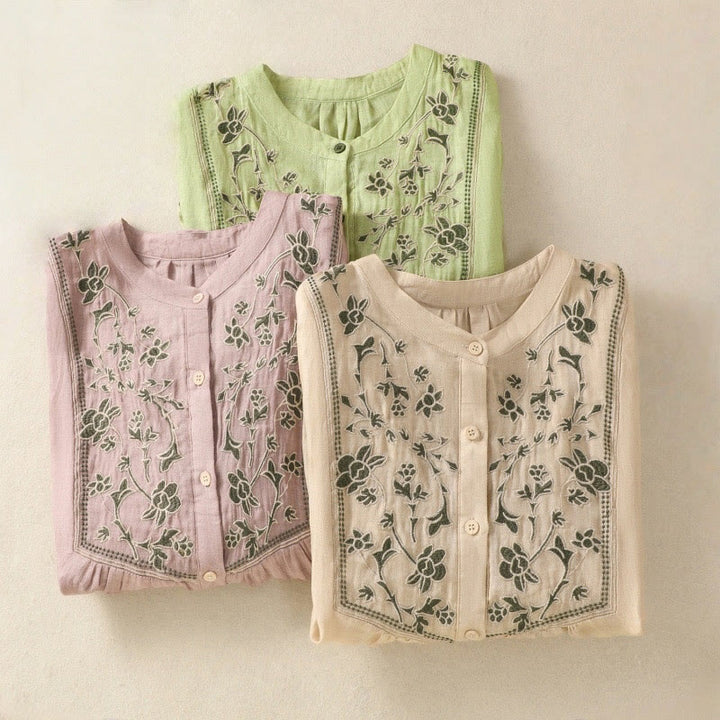 Buddha Stones刺繍入りシングルブレストレディースコットンリネン七分袖シャツ - image 26