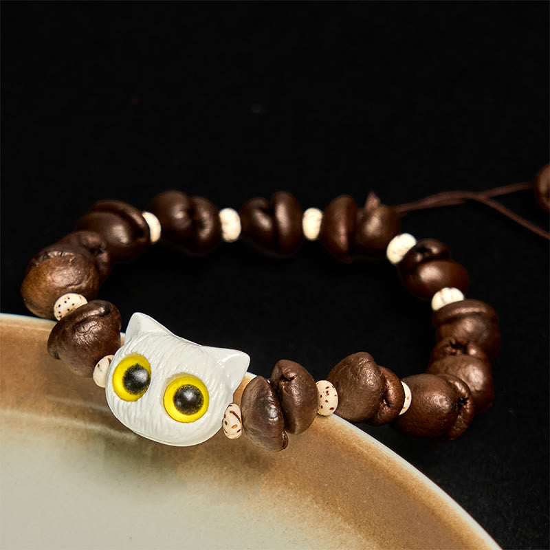 Buddha Stonesハンドメイド 天然コーヒー豆 猫頭 菩提樹 爪足 平和ブレスレット - 白猫ヘッド(手首周り14~17cm) - image 8