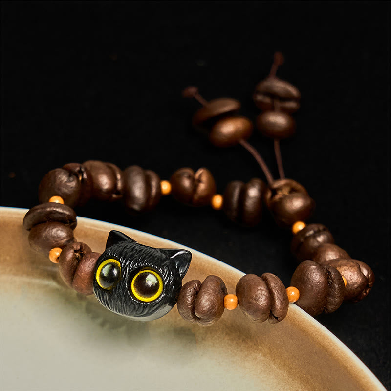 Buddha Stonesハンドメイド 天然コーヒー豆 猫頭 菩提樹 爪足 平和ブレスレット - 黒猫ヘッド(手首周り14~17cm) - image 1