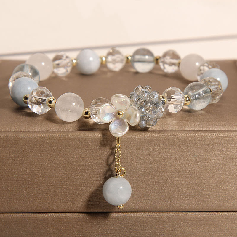 Buddha Stonesアクアマリン イエローキャッツアイストーン フラワーピースブレスレット - アクアマリン(手首周り:14~16cm) - image 1