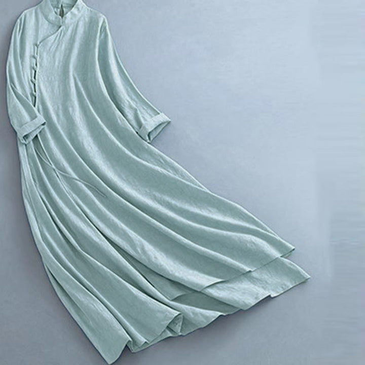Buddha Stones春のカジュアル 無地 フロッグボタンデザイン サイドレースアップ コットンリネン ミディドレス - image 13