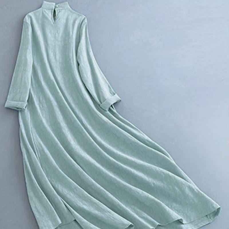 Buddha Stones春のカジュアル 無地 フロッグボタンデザイン サイドレースアップ コットンリネン ミディドレス - image 14