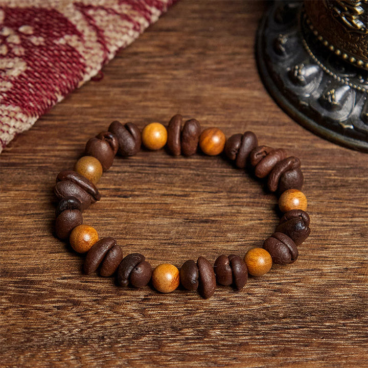 Buddha Stones天然コーヒー豆 グリーンサンダルウッド ポジティブブレスレット - コーヒー豆&グリーンサンダルウッド(手首周り:16cm) - image 1
