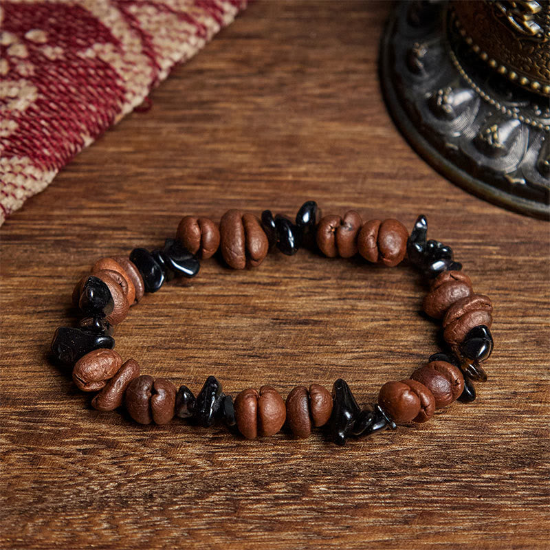 Buddha Stones天然コーヒー豆 黒曜石 ルチルクォーツ パワーブレスレット - ブラックオブシディアン(手首周り:17.5cm) - image 1