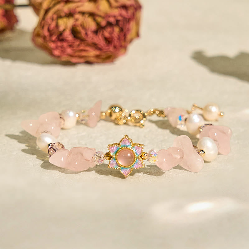 Buddha Stones天然砂利ローズクォーツフラワーパールヒーリングブレスレット