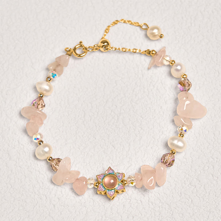 Buddha Stones天然砂利ローズクォーツフラワーパールヒーリングブレスレット