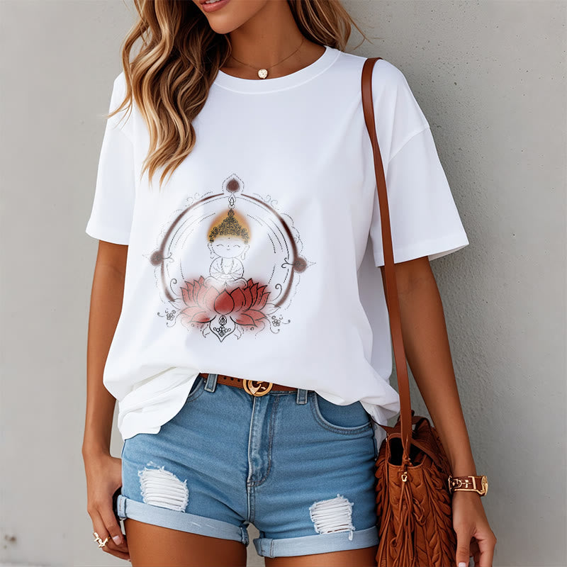 Buddha Stones喜びの仏陀 蓮の曼荼羅柄 Tシャツ - image 3