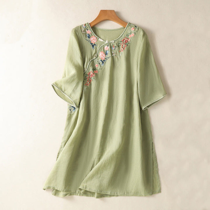 Buddha Stones刺繍フラワーヘムスリットデザイン半袖コットンリネン禅ミディドレス - ライトグリーン - US8-10,UK/AU12-14,EU40-42 (2XL) - image 0