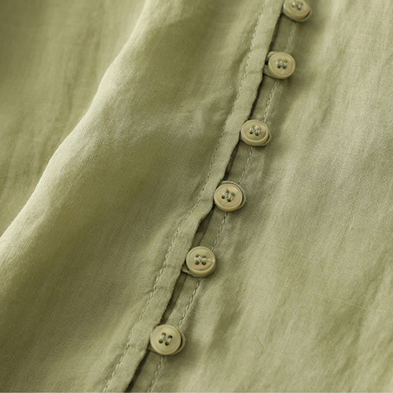 Buddha Stones刺繍ボタンダウンレディースコットンリネンシャツ - image 4
