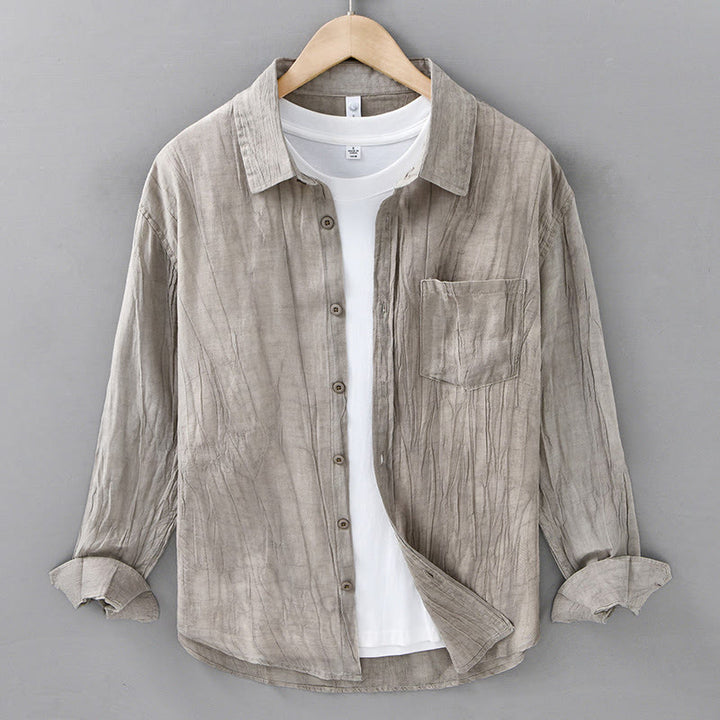 Buddha Stonesレトロプリーツボタン メンズ 長袖 ラミーリネン 長袖シャツ ポケット付き - タン - US/UK/AU42、 EU52 (3XL) - image 9