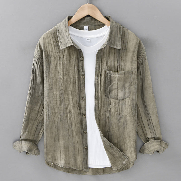 Buddha Stonesレトロプリーツボタン メンズ 長袖 ラミーリネン 長袖シャツ ポケット付き - 黄緑 - US/UK/AU42、 EU52 (3XL) - image 5