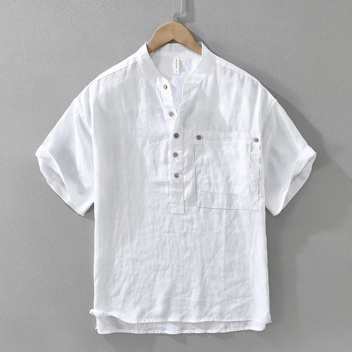 Buddha Stones夏用 ハーフボタンデザイン ラペル メンズ 半袖 リネンシャツ ポケット付き - 白 - US/UK/AU42、 EU52 (3XL) - image 2