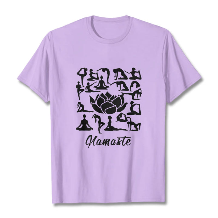 Buddha Stonesカジュアル 蓮の花 様々なヨガのポーズ柄 Tシャツ - 梅 - 2XL - image 17
