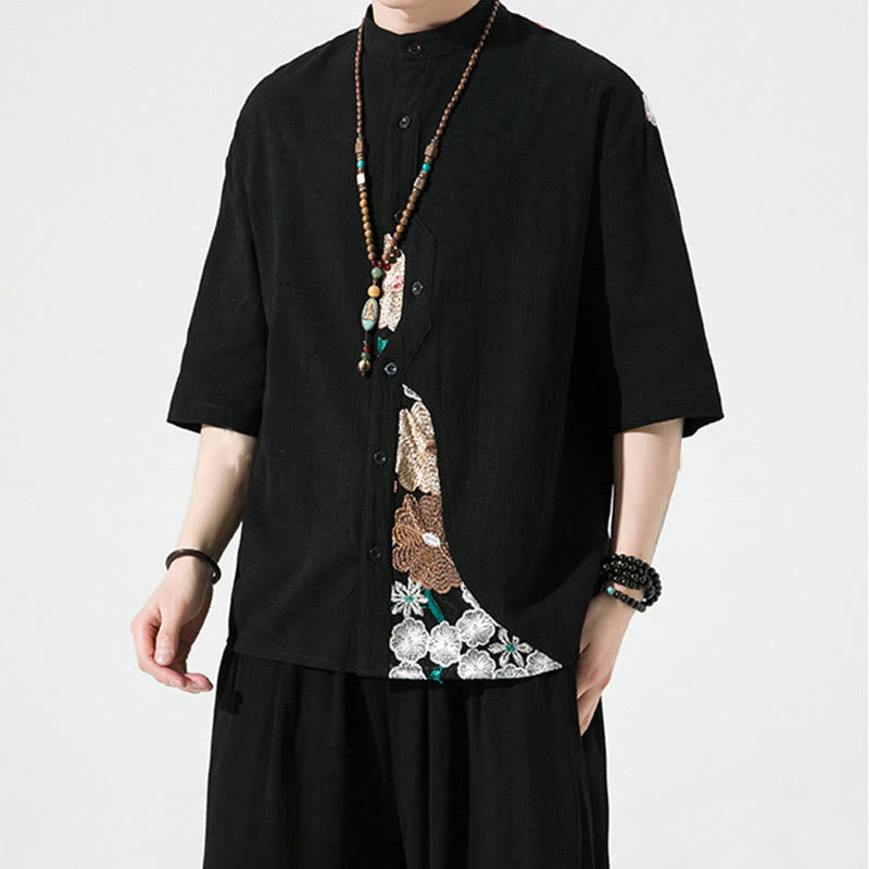 Buddha Stones刺繍パッチワークシンプルデザイン七分袖メンズコットンリネンシャツ