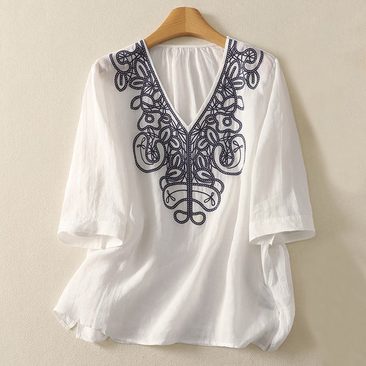 Buddha Stones刺繍入りVネックカジュアルレディースコットンリネン半袖Tシャツ - 白 - US14、 UK/AU18、 EU46 (2XL) - image 19