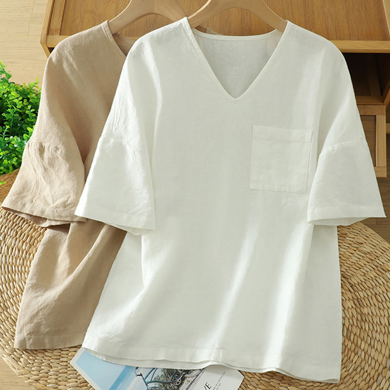 Buddha Stonesカジュアル 無地 レディース コットン リネン Vネック Tシャツ ポケット付き - image 15