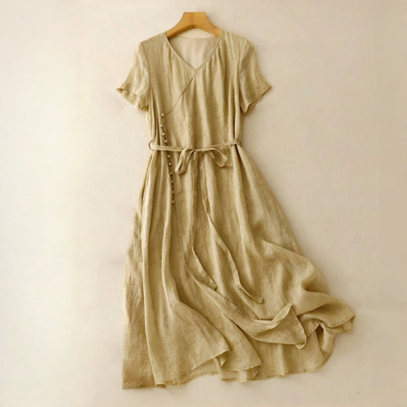 Buddha Stones夏 Vネック レースアップ 半袖 コットンリネン レディース ミディドレス ポケット付き