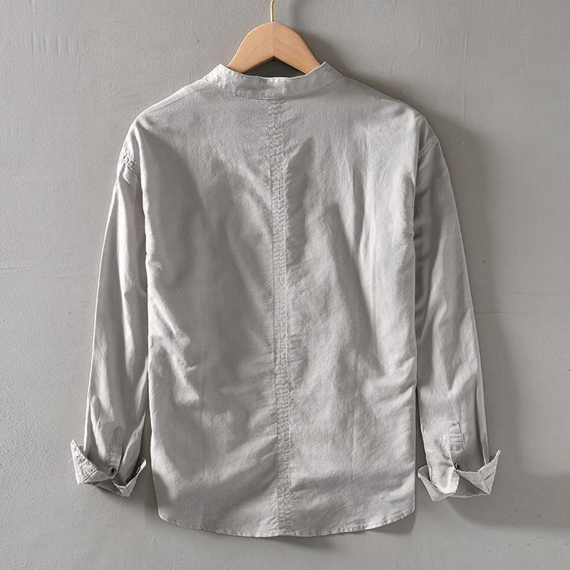 Buddha Stones メンズ コットンリネン 無地 長袖 ハーフボタンシャツ - image 5