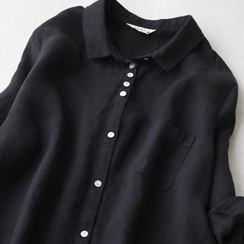 Buddha Stonesボタンデザインラペル七分袖コットンリネンミディドレス(ポケット付き) - image 3