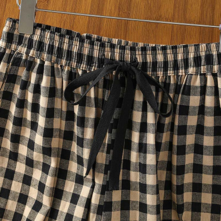 Buddha Stonesカジュアルコットンステッチグリッドレディース7-8丈ワイドレッグパンツ(ポケット付き) - image 3