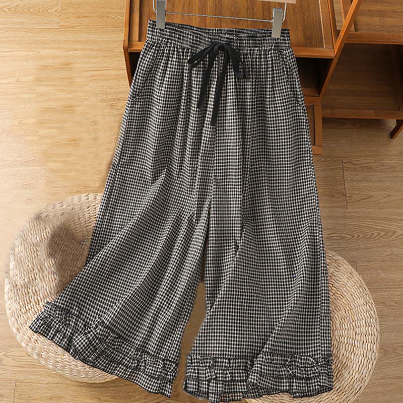 Buddha Stonesカジュアルコットンステッチグリッドレディース7-8丈ワイドレッグパンツ(ポケット付き) - ディムグレー - US6、 UK/AU10、 EU38 (XL) - image 9