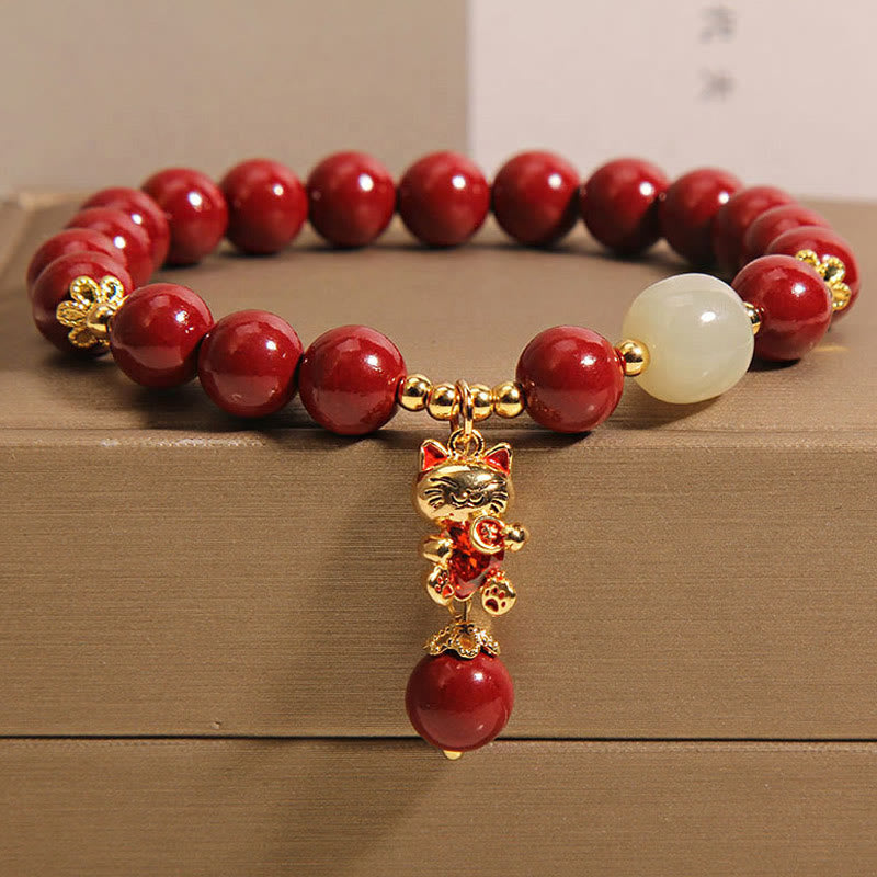 Buddha Stones天然招き猫ペンダント 辰砂良縁祈願ブレスレット - 辰砂(手首周り:16~18cm) - image 1
