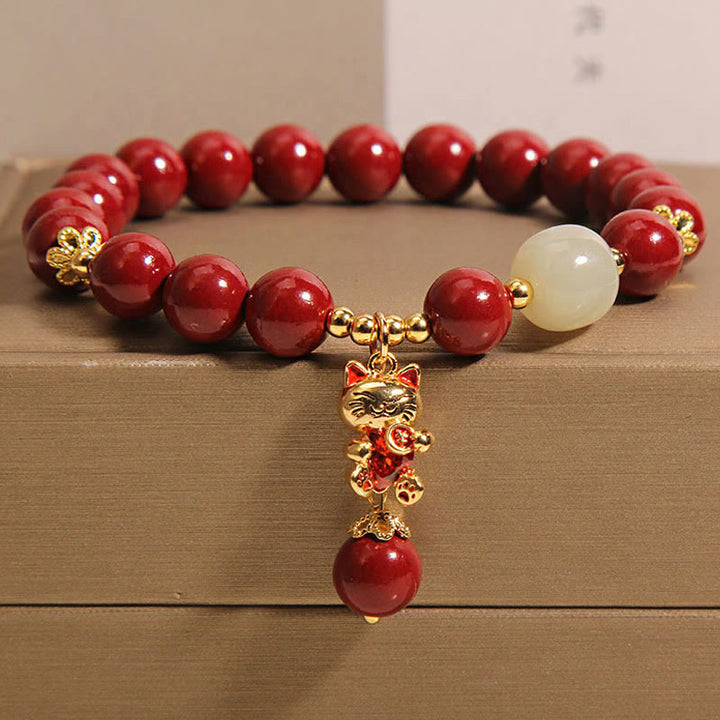 Buddha Stones天然招き猫ペンダント 辰砂良縁祈願ブレスレット - 辰砂(手首周り:16~18cm) - image 1