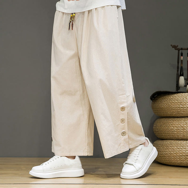 Buddha Stones無地リネンボタンドローストリングメンズストレートレッグパンツ(ポケット付き) - ベージュ - US/UK/AU46、 EU56 (5XL) - image 1