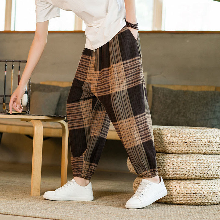 Buddha Stones夏 チェック柄 ストライプ コットンリネン メンズ ハーレムパンツ ポケット付き - タン - US/UK/AU46、 EU56 (5XL) - image 1