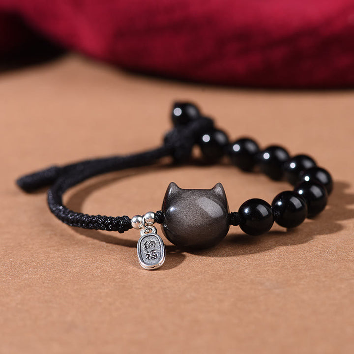 Buddha Stonesブラックオブシディアン シルバーシーンオブシディアン キュートキャットダンシングライオン強さブレスレット - 猫(手首周り14~16cm) - image 1
