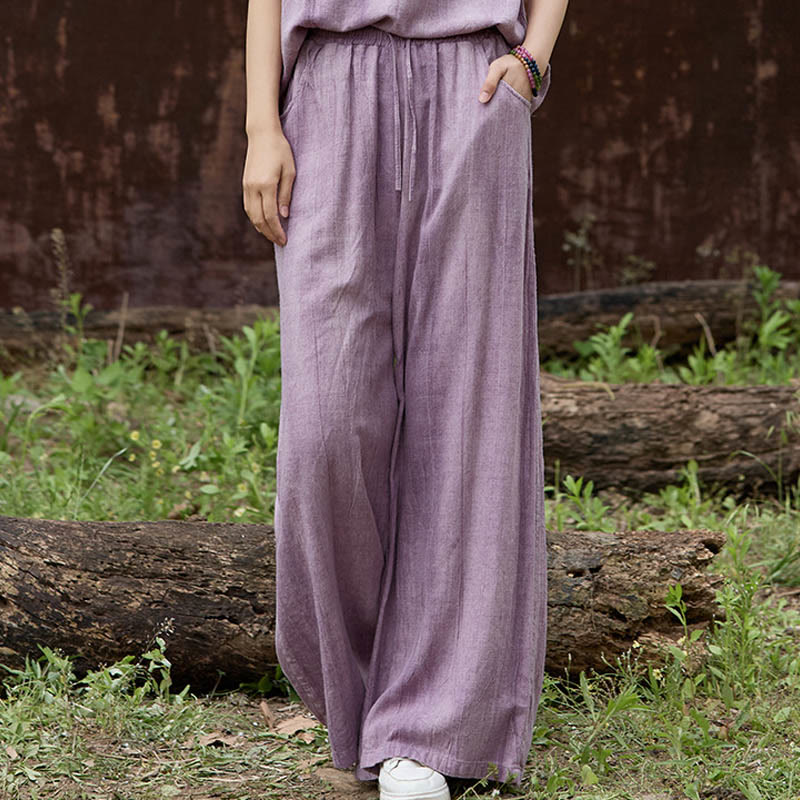 Buddha Stonesカジュアル タイダイ レディース リネン ワイドレッグ パンツ ポケット付き - 梅 - US4、 UK/AU8、EU36(女性) - image 1