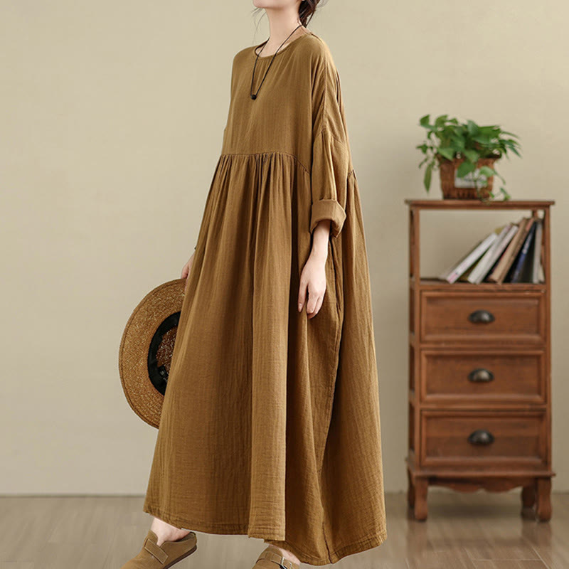 Buddha Stones通勤用ピュアカラー長袖コットンリネンミディドレス(ポケット付き) - image 7
