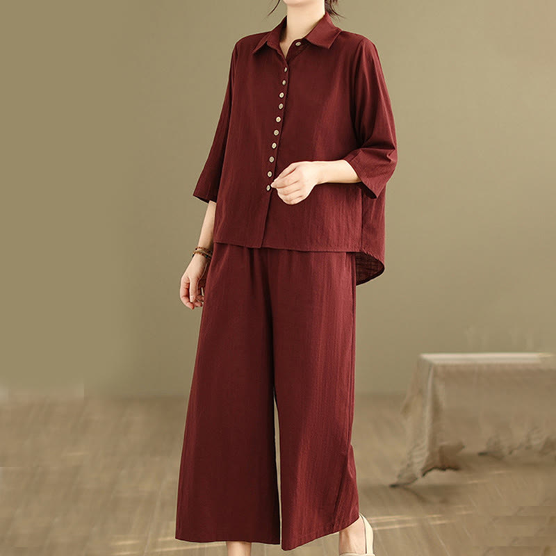 Buddha Stones 2点セット カジュアル レディース スタンドカラー シャツ ゆったりパンツ 瞑想服 セット - image 24
