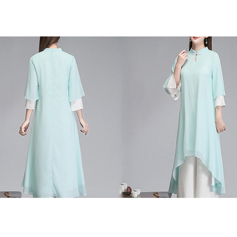 Buddha Stones無地 レディース 七分袖 シフォン イレギュラー シャツドレス ワイドレッグパンツ 瞑想服