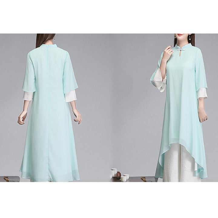 Buddha Stones無地 レディース 七分袖 シフォン イレギュラー シャツドレス ワイドレッグパンツ 瞑想服