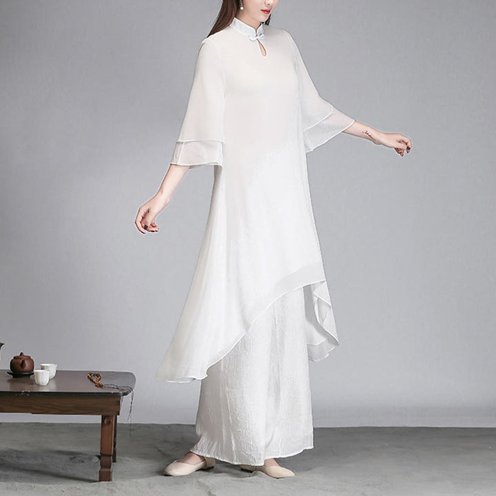 Buddha Stones無地 レディース 七分袖 シフォン イレギュラー シャツドレス ワイドレッグパンツ 瞑想服