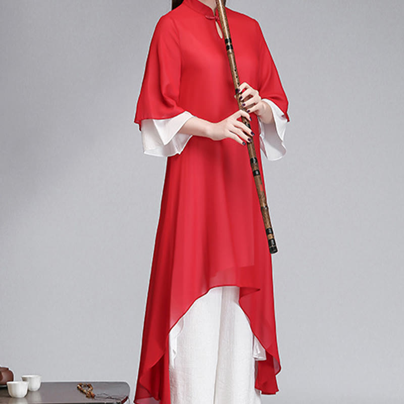 Buddha Stones無地 レディース 七分袖 シフォン イレギュラー シャツドレス ワイドレッグパンツ 瞑想服