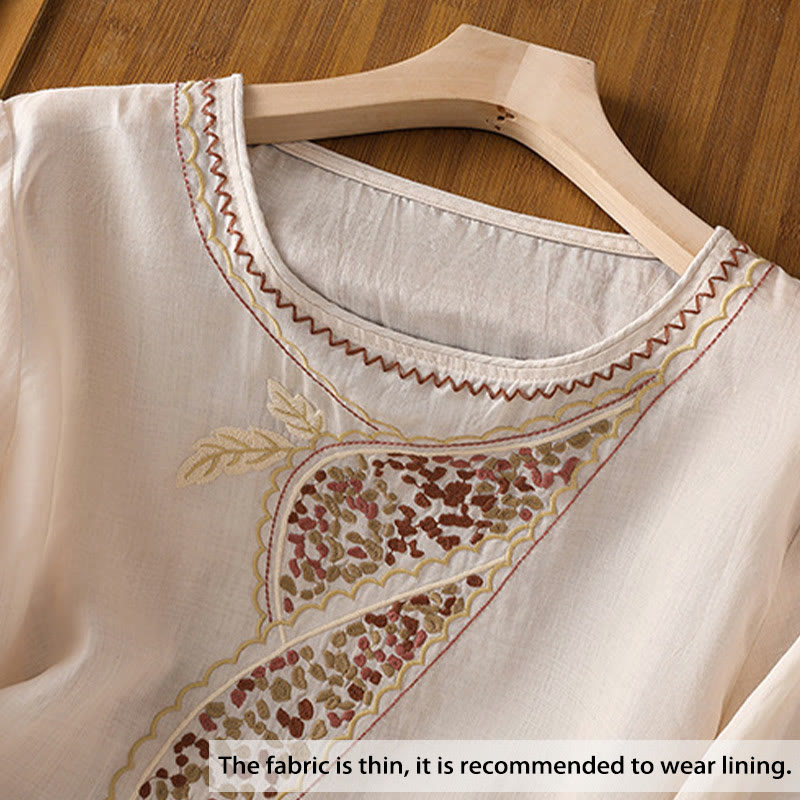 Buddha Stonesエスニック刺繍クルーネックコットンリネンプルオーバー - image 2