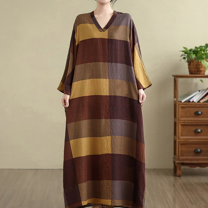 Buddha Stonesのスプライスチェック柄コットンリネンレディースマキシドレス(ポケット付き) - image 3