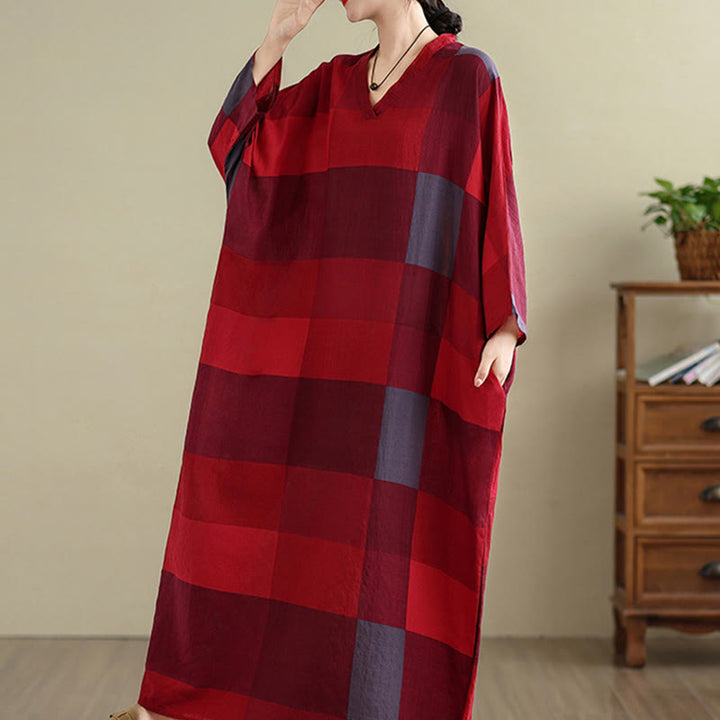 Buddha Stonesのスプライスチェック柄コットンリネンレディースマキシドレス(ポケット付き) - image 9