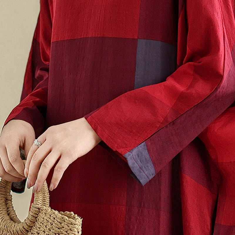 Buddha Stonesのスプライスチェック柄コットンリネンレディースマキシドレス(ポケット付き) - image 16