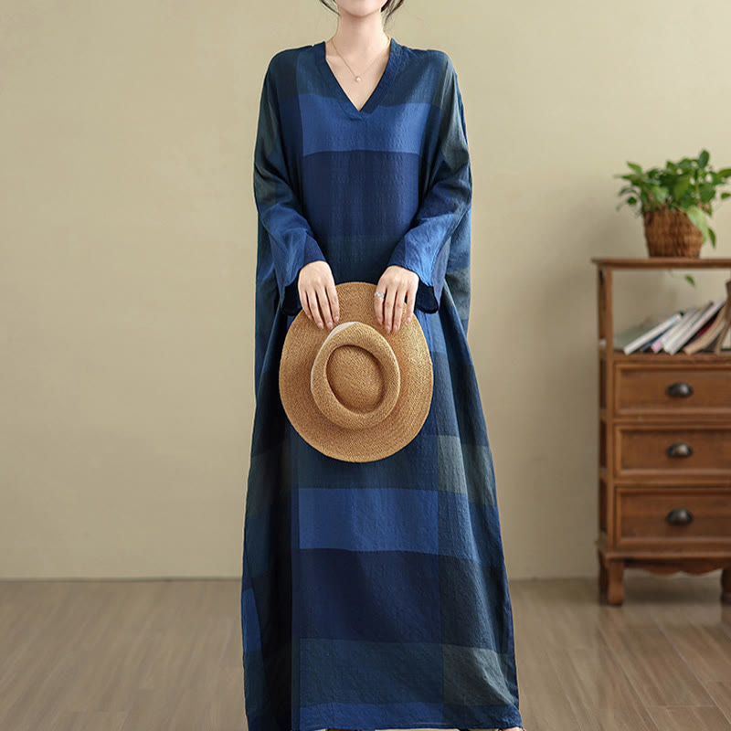 Buddha Stonesのスプライスチェック柄コットンリネンレディースマキシドレス(ポケット付き) - ミッドナイトブルー - US4-12、 UK/AU8-16、 EU36-44 (F) - image 17