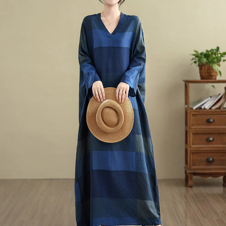 Buddha Stonesのスプライスチェック柄コットンリネンレディースマキシドレス(ポケット付き) - ミッドナイトブルー - US4-12、 UK/AU8-16、 EU36-44 (F) - image 17