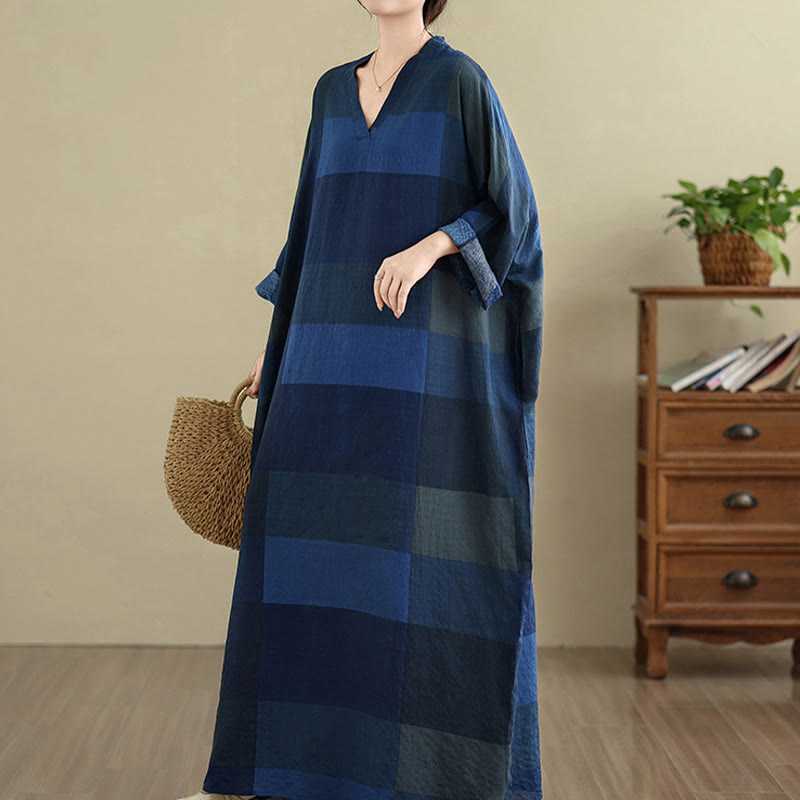 Buddha Stonesのスプライスチェック柄コットンリネンレディースマキシドレス(ポケット付き) - image 21