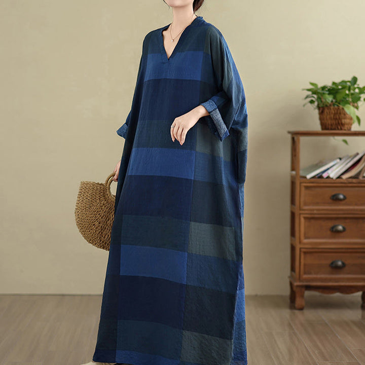 Buddha Stonesのスプライスチェック柄コットンリネンレディースマキシドレス(ポケット付き) - image 21