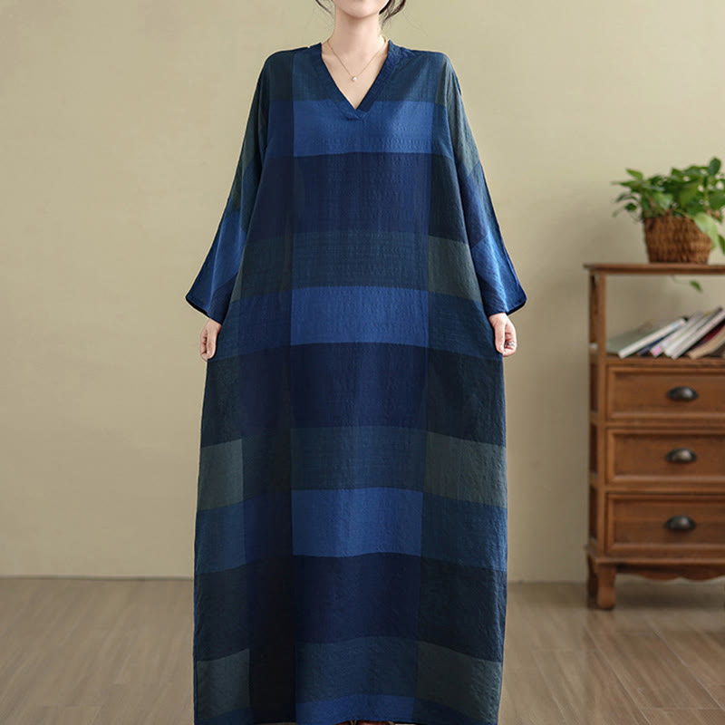 Buddha Stonesのスプライスチェック柄コットンリネンレディースマキシドレス(ポケット付き) - image 19