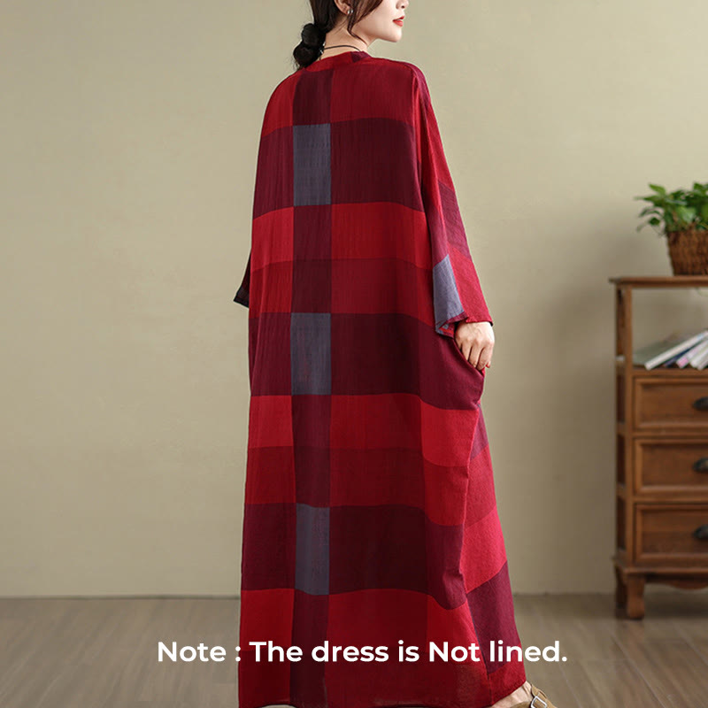 Buddha Stonesのスプライスチェック柄コットンリネンレディースマキシドレス(ポケット付き) - image 7