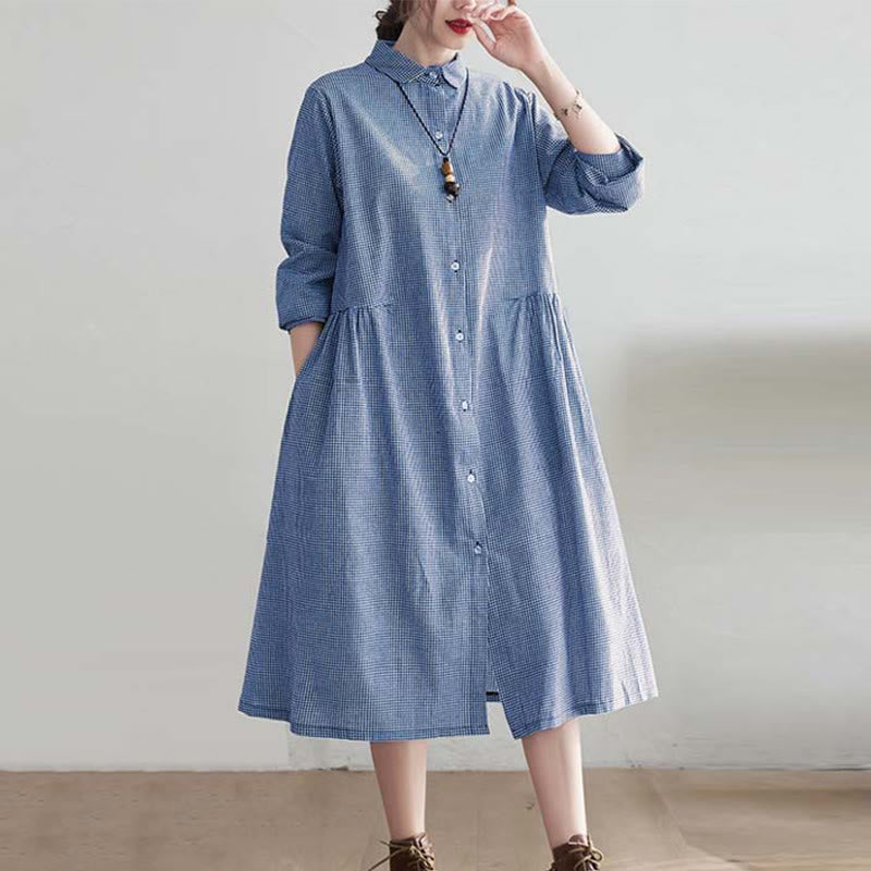 Buddha Stonesの小さな格子模様のコットンリネンのレディースミディドレス(ポケット付き) - image 3