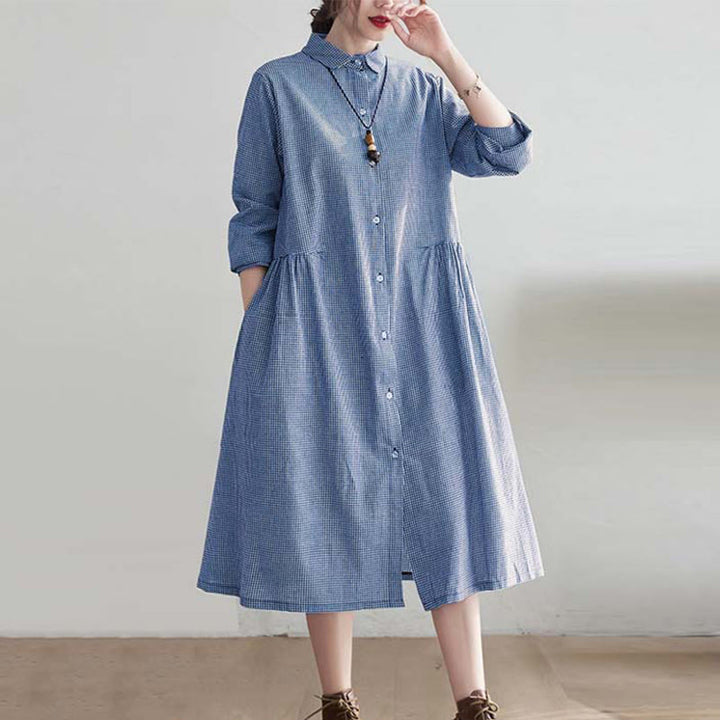 Buddha Stonesの小さな格子模様のコットンリネンのレディースミディドレス(ポケット付き) - image 3